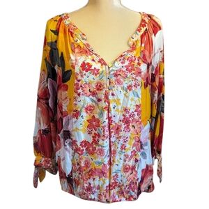 fig and flower Yellow & Pink Floral Button-Front Blouse